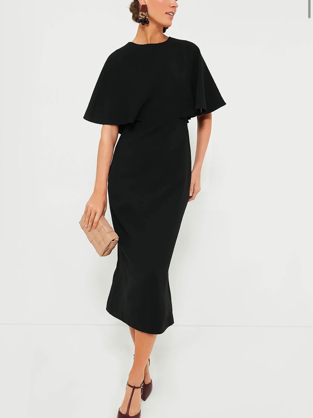 Pomander Place Black Cape-Sleeve Midi Dress